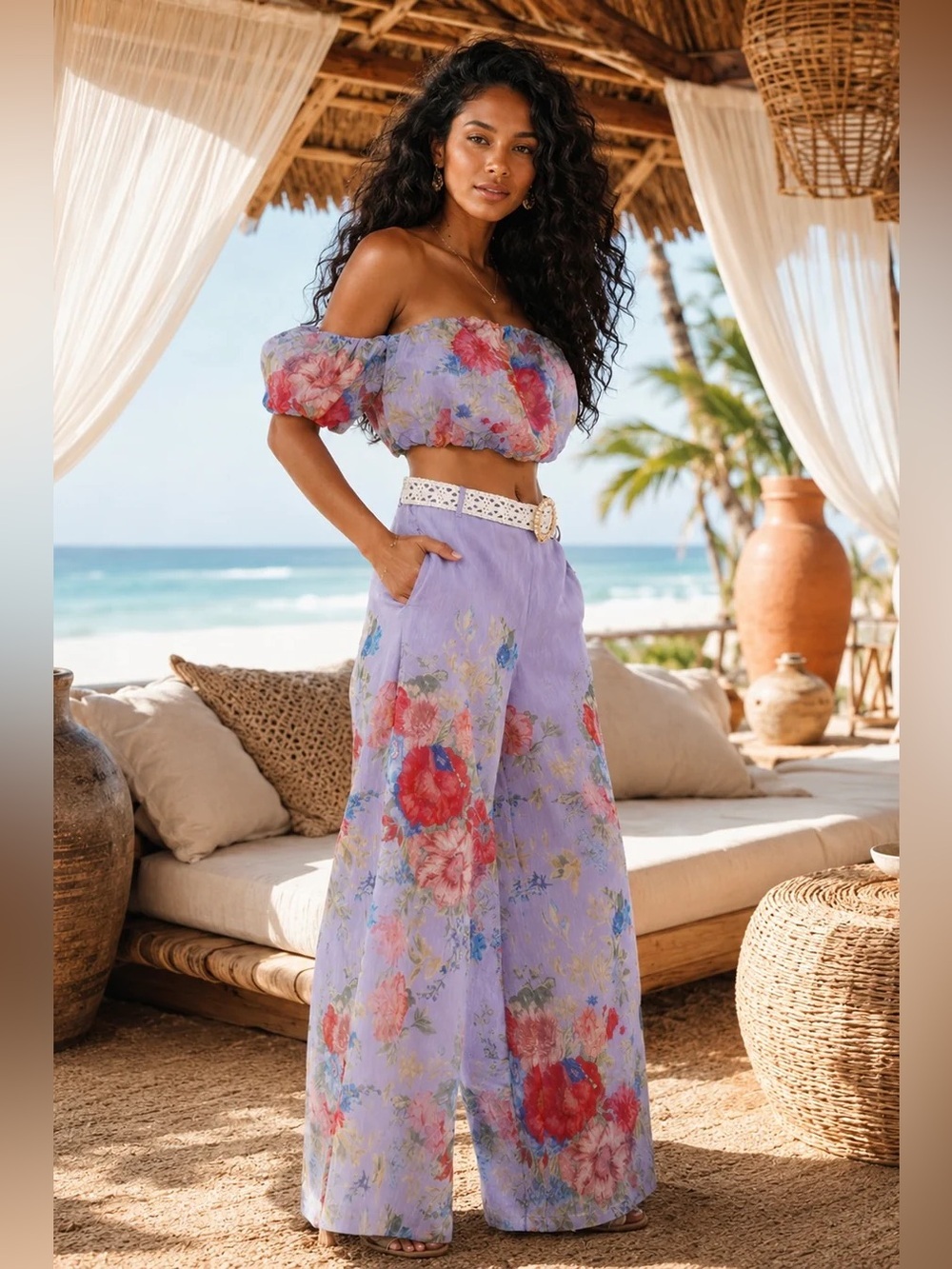 Lavender Floral Wide-Leg Pants Set - Women's Beach pant set Bottoms - Picture 3 of 7